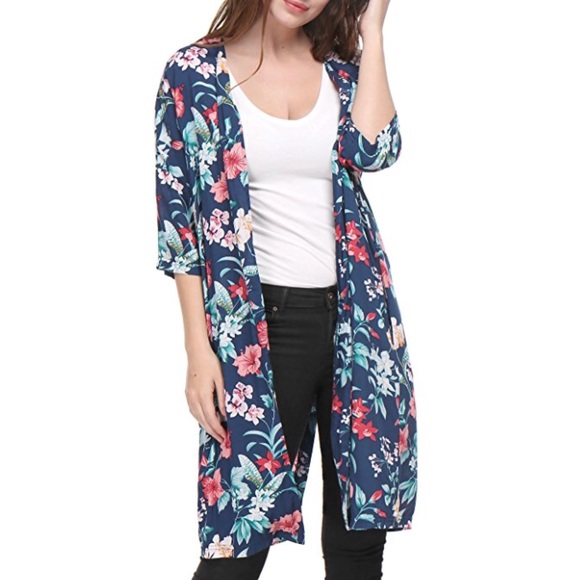 Open Front Floral Boho Kimono Cardigan - Picture 2 of 5